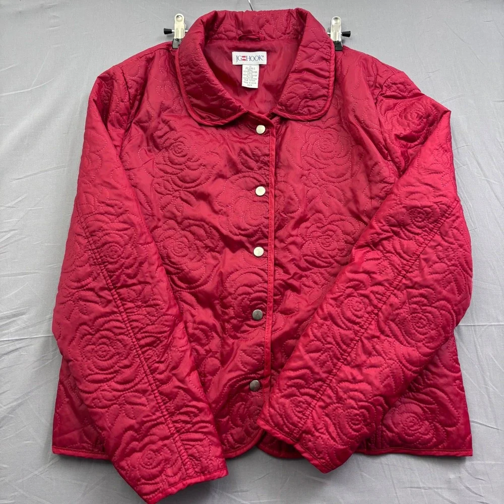 JG Hook Red Rose Floral Quilted Jacket Women XL Snap Front Peter Pan Collar Coat